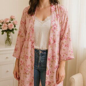 Peach Love Kimono NWT Women’s Large Pink Floral Sunny Sunday Open Front Longline